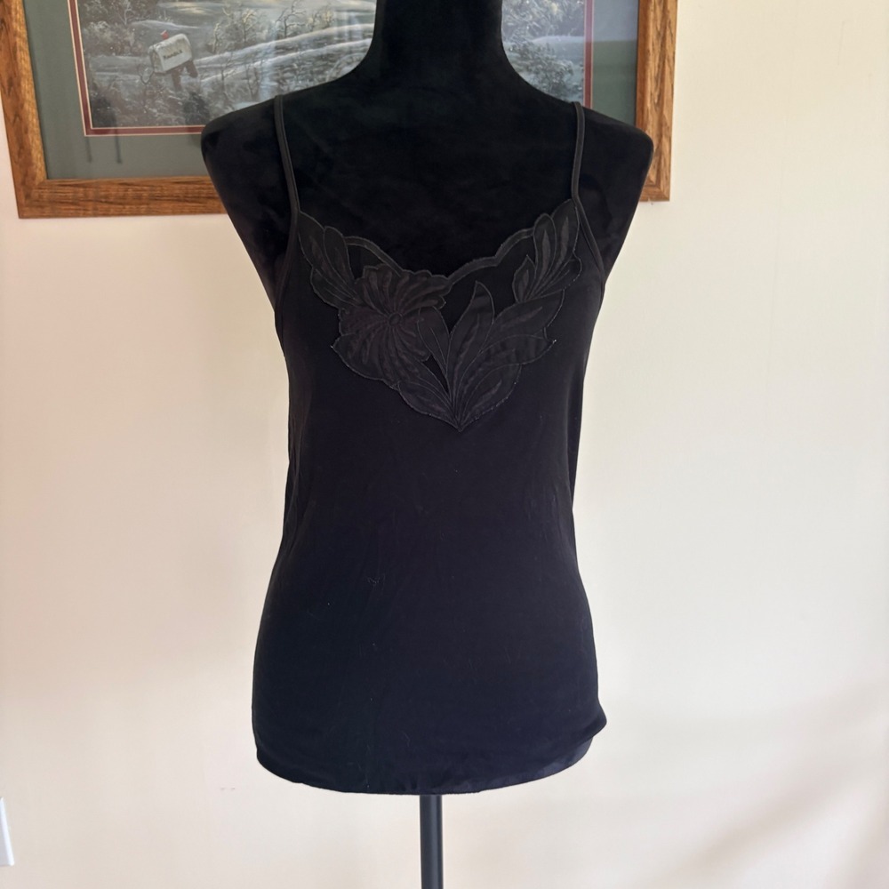 Calida Camisole Tank Top Womens Medium Black 100% Cotton Lace Trim Switzerland